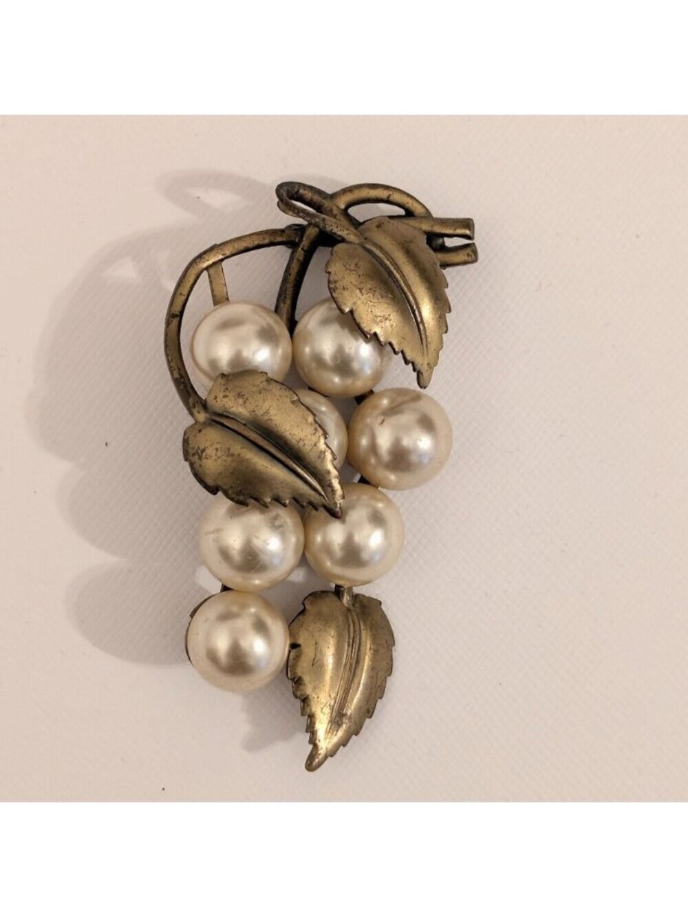 VINTAGE BRASS & FAUX PEARL GRAPEVINE BROOCH, 3"